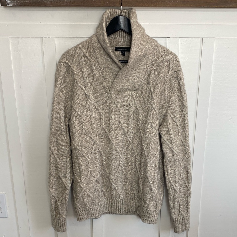 Banana Republic Cable Fisherman Knit Pullover Sweater Grey Cotton & Yak Hair SZM